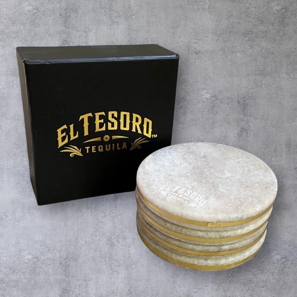 RARE NIB El Tesoro Promotional Marble and Brass Tequila Coasters, Set of 4